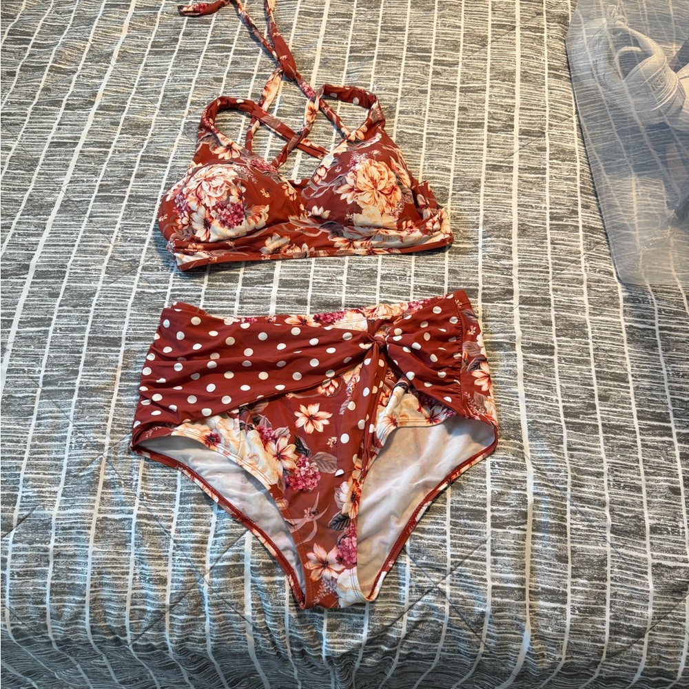 Torrid Floral and Polka Dot Bikini Set - Red and White